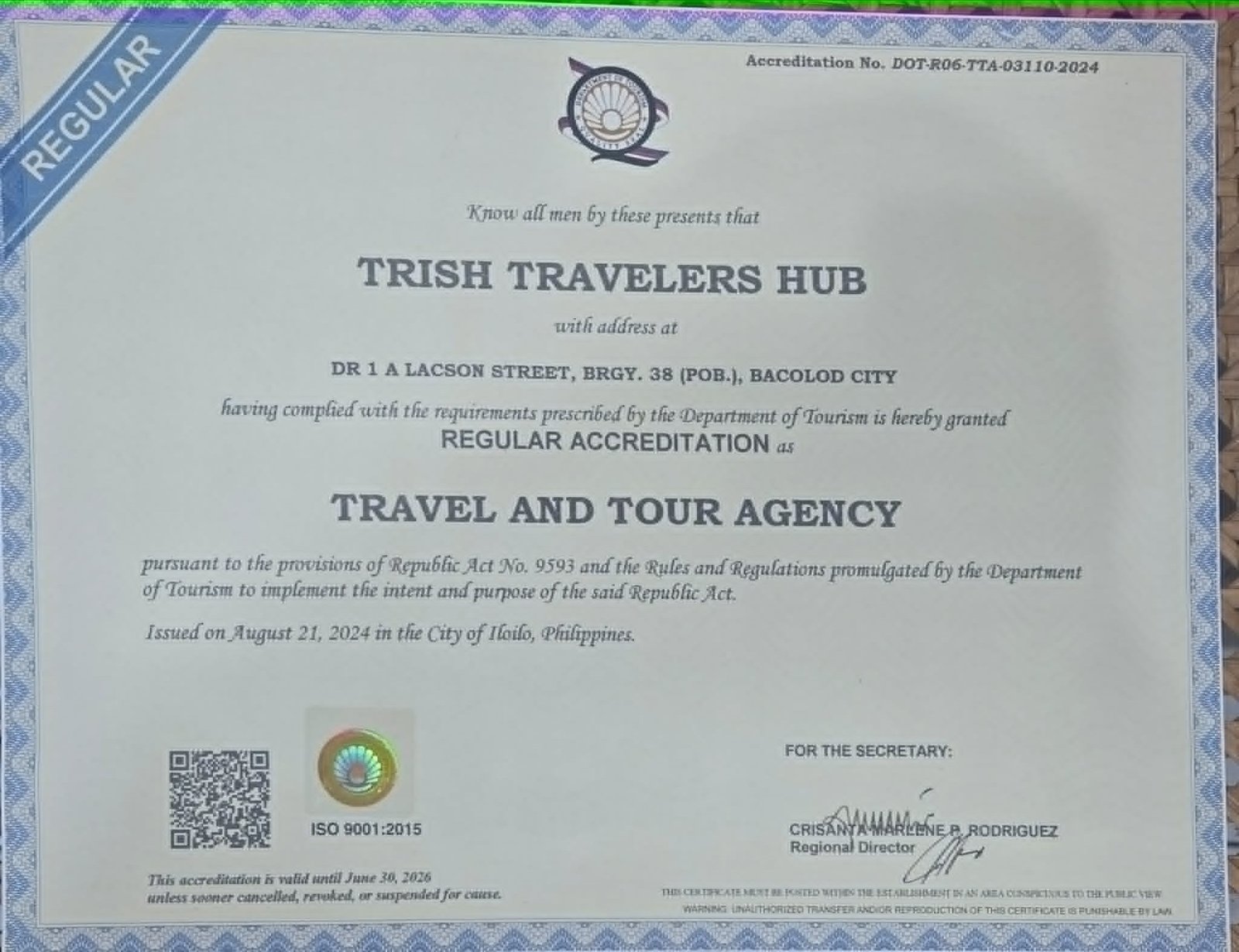 DOT Regular Accreditation certificate awarded to Trish Traveler's Hub by Department of Tourism