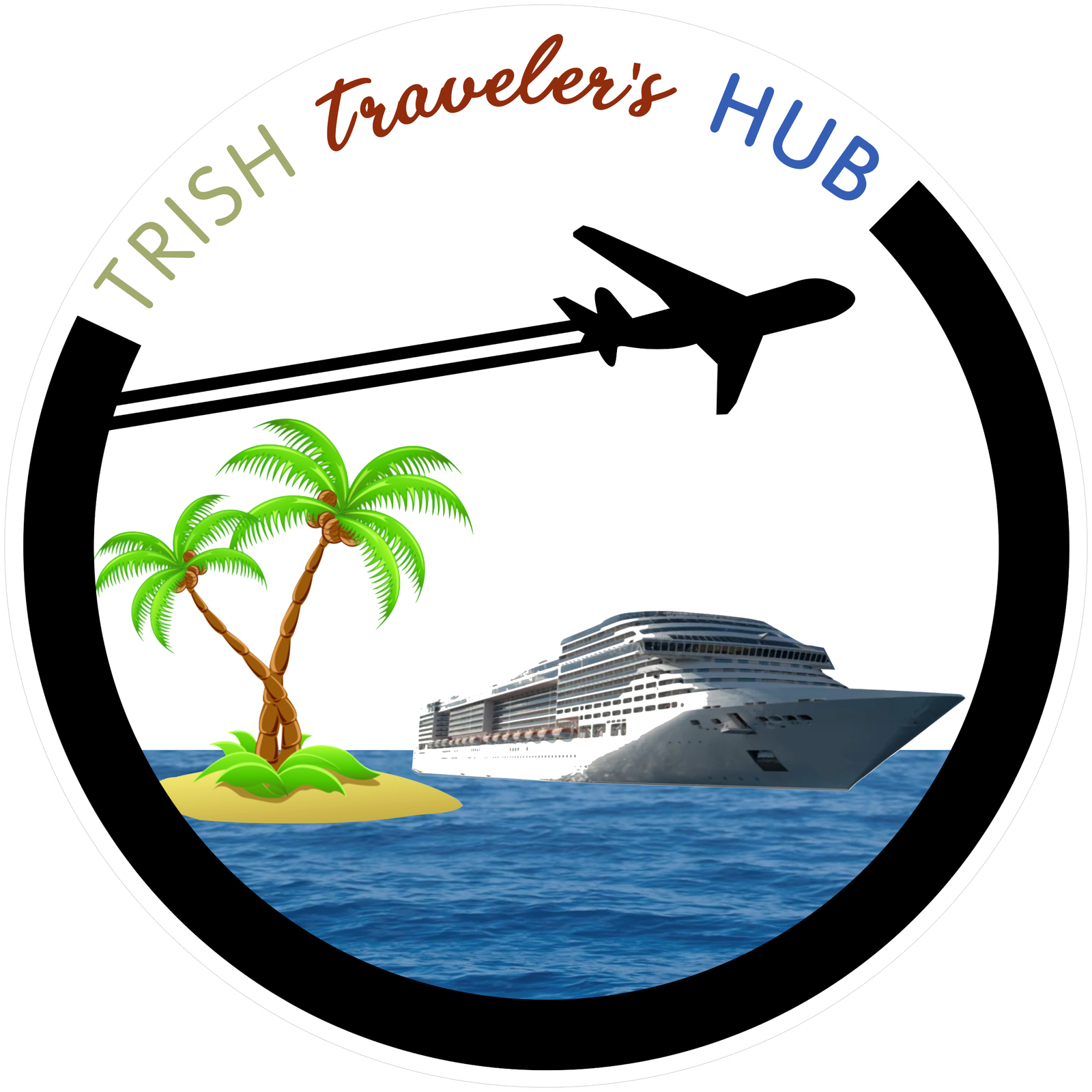Trish Traveler's Hub logo — an airplane crossing an island and cruise ship scene