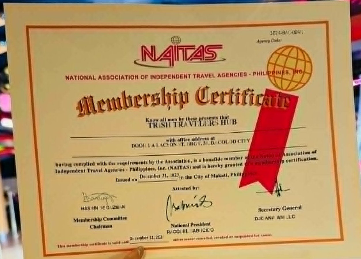 NAITAS Membership certificate awarded to Trish Traveler's Hub by National Association of Independent Travel Agencies – Philippines, Inc.