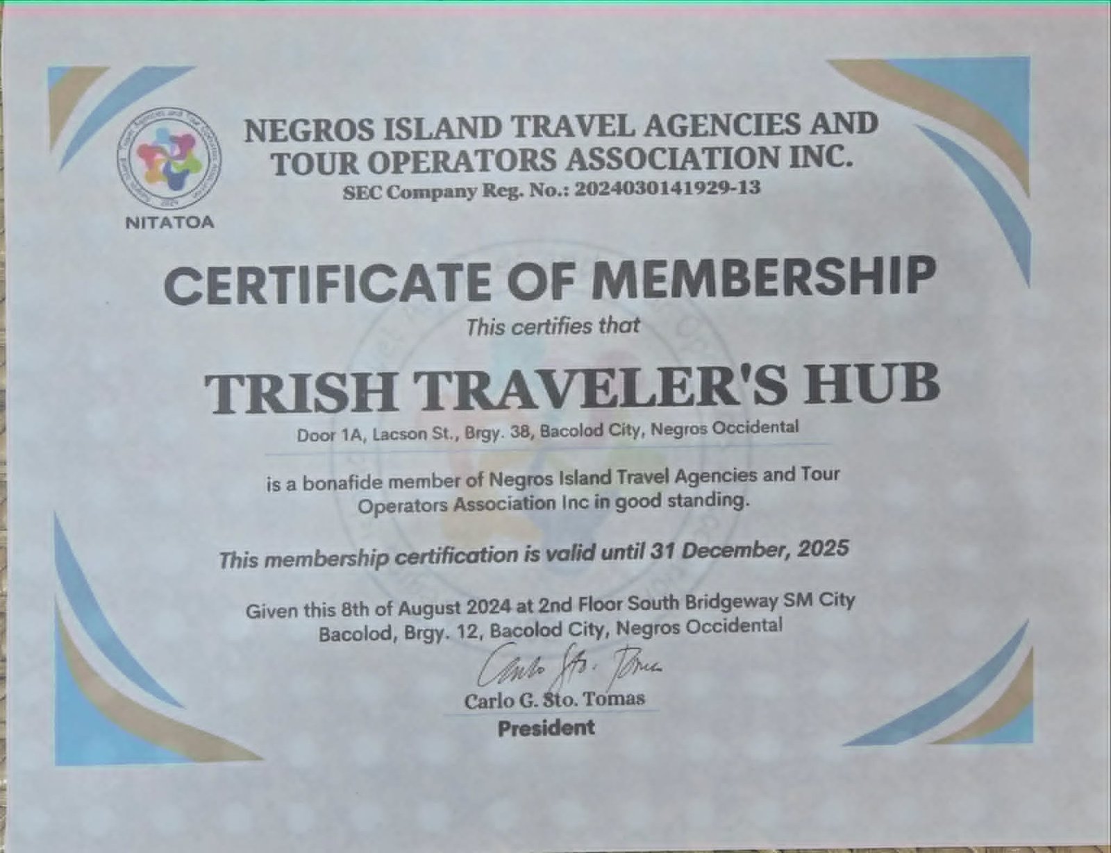 NITATOA Membership certificate awarded to Trish Traveler's Hub by Negros Island Travel Agencies and Tour Operators Association Inc.