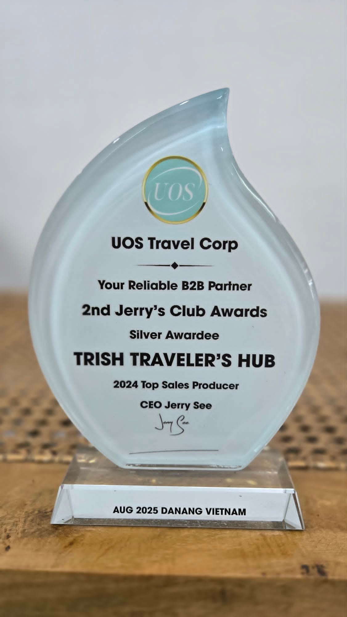 2nd Jerry's Club Awards — Silver Awardee certificate awarded to Trish Traveler's Hub by UOS Travel Corp